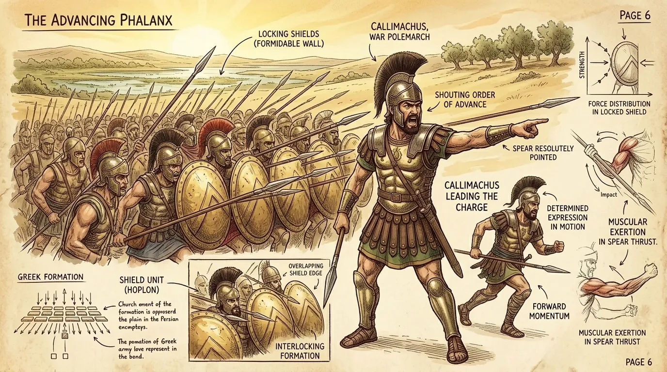 The Athenian hoplites advanced in a tight phalanx formation, their shields locked together. Callimachus led from the front, his spear pointed towards the enemy. The Athenian hoplites advanced in a tight phalanx formation, their shields locked together. Callimachus led from the front, his spear pointed towards the enemy.