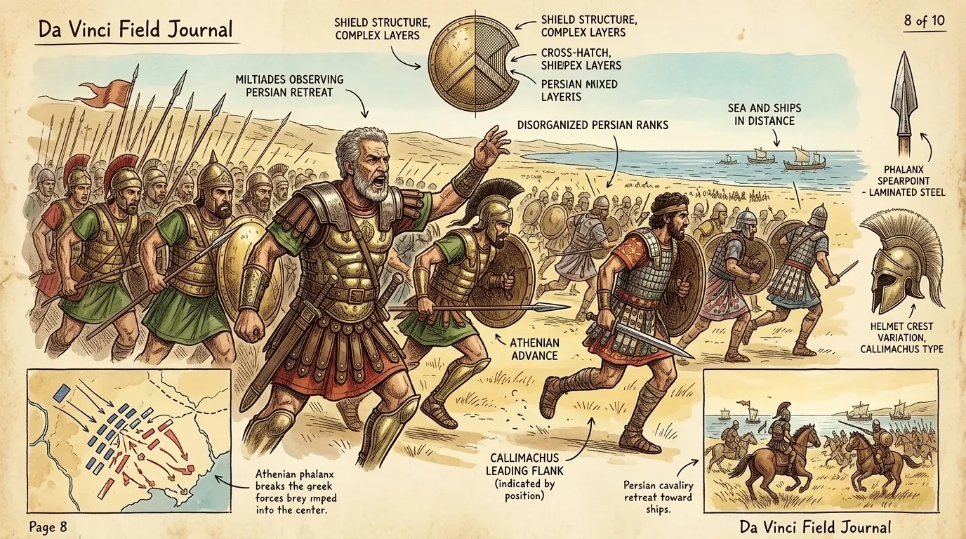 The Athenian phalanx, disciplined and resolute, pushed back the Persian line. The Persians, unused to such heavy fighting, began to break. The Athenian phalanx, disciplined and resolute, pushed back the Persian line. The Persians, unused to such heavy fighting, began to break.