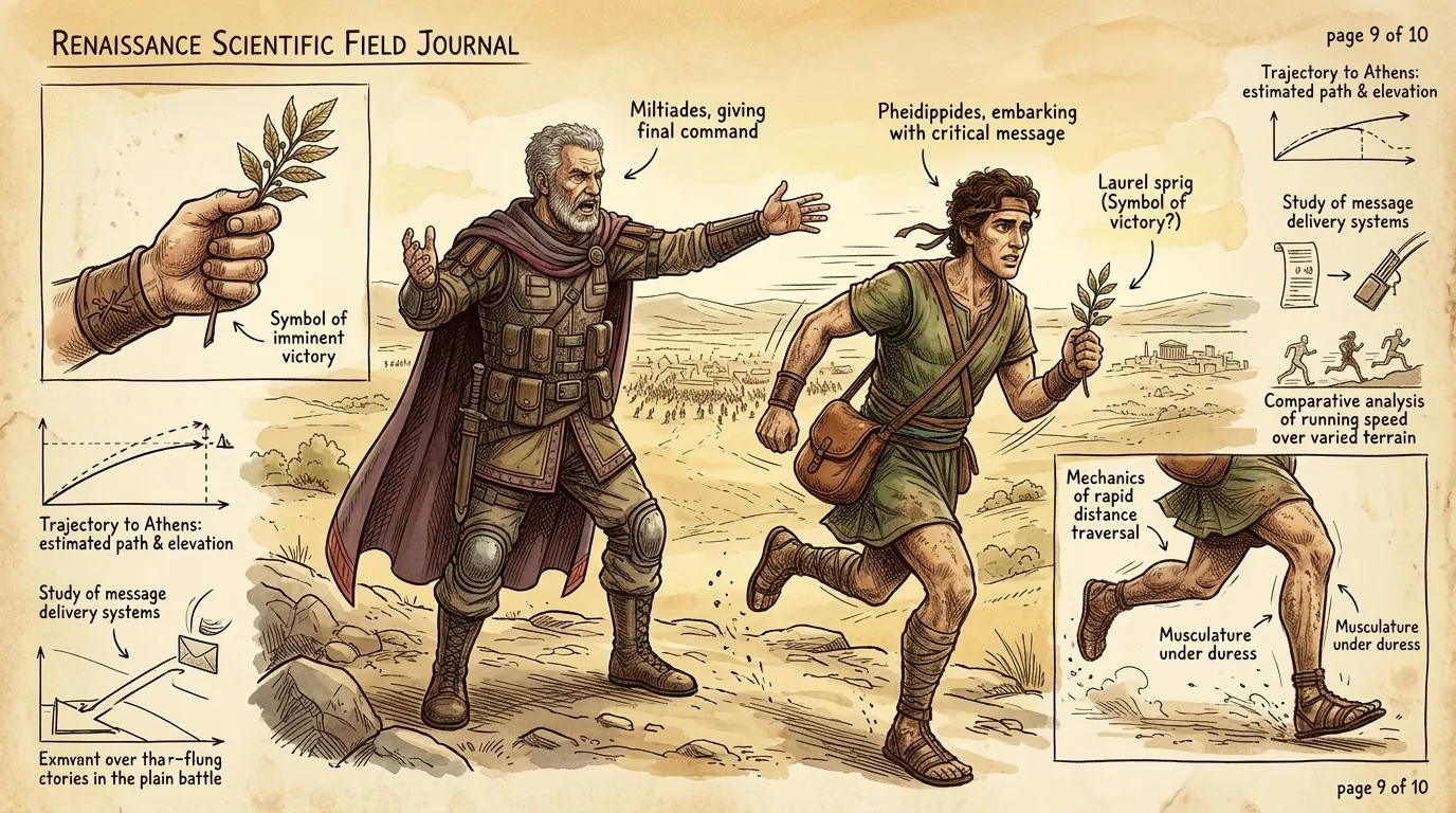 "Run to Athens!" Miltiades commanded Pheidippides. "Tell them we have won! Let them know Athens is safe!" Pheidippides, despite his exhaustion, obeyed… "Run to Athens!" Miltiades commanded Pheidippides. "Tell them we have won! Let them know Athens is safe!" Pheidippides, despite his exhaustion, obeyed…