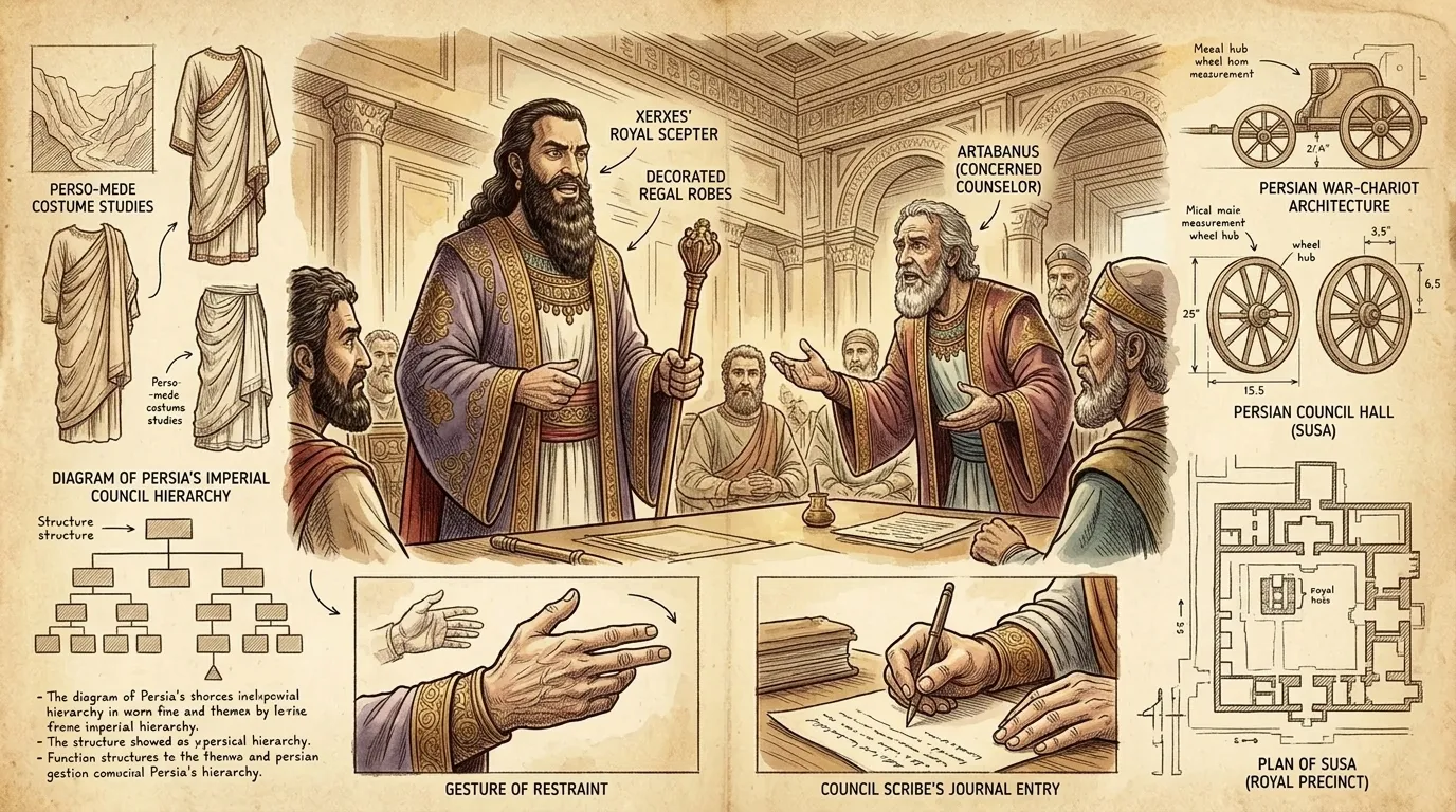 In Susa, Xerxes I addressed his war council. "We shall crush these upstart Greeks! Our empire stretches from the Indus to the Nile," he boomed, his voice… In Susa, Xerxes I addressed his war council. "We shall crush these upstart Greeks! Our empire stretches from the Indus to the Nile," he boomed, his voice…