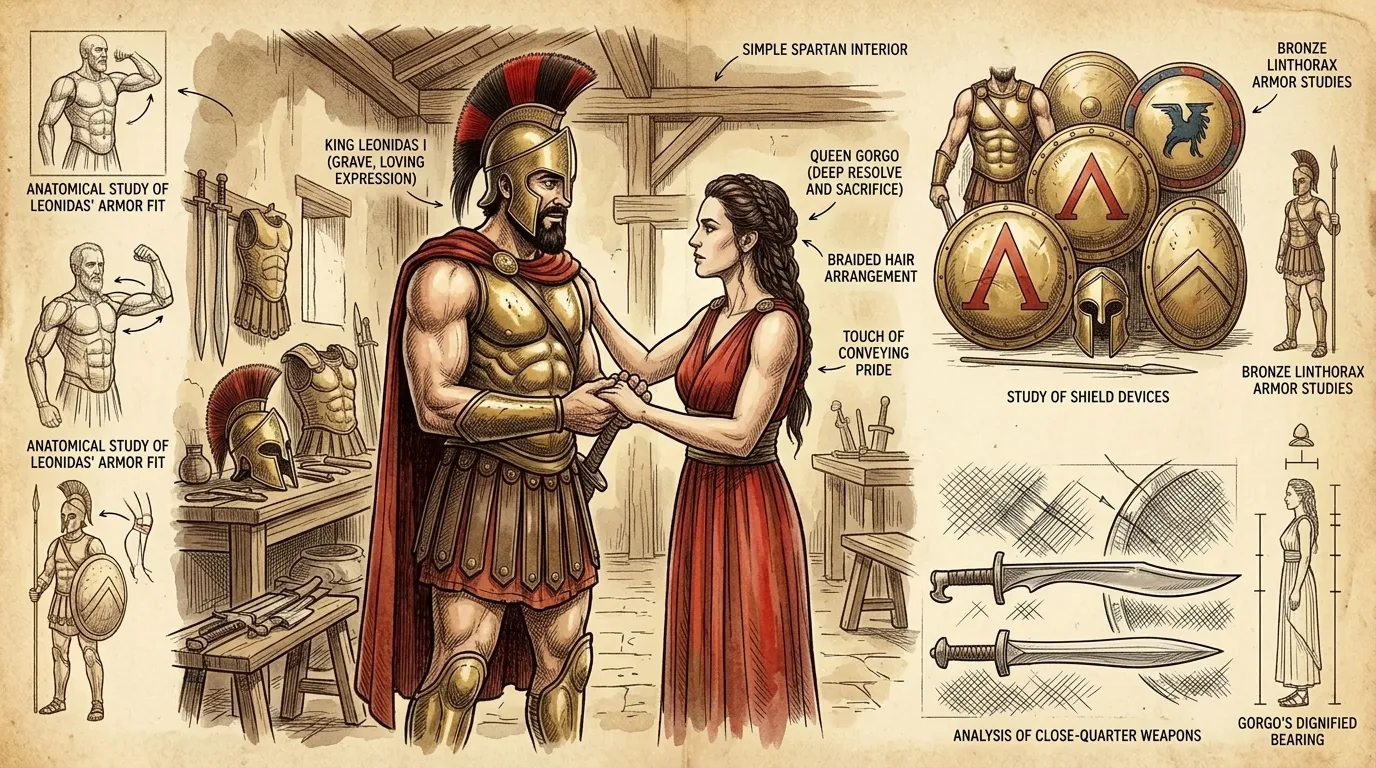In Sparta, Leonidas prepared for war. He summoned his wife, Queen Gorgo. "The Oracle foretells a Spartan king must die to save Greece," he said gravely. In Sparta, Leonidas prepared for war. He summoned his wife, Queen Gorgo. "The Oracle foretells a Spartan king must die to save Greece," he said gravely.