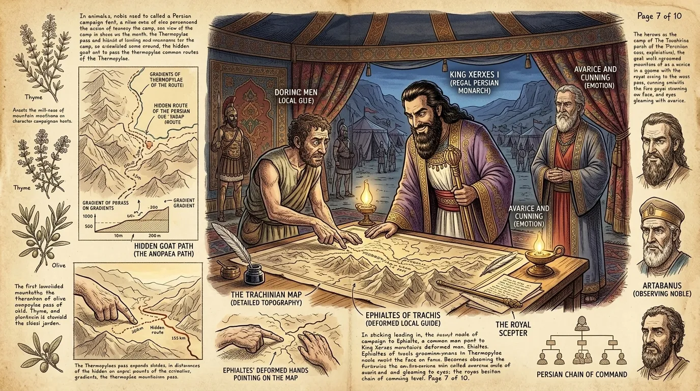Ephialtes approached the Persian camp, seeking reward for his treachery. \"I know a path that leads around the pass,\" he told Xerxes. Ephialtes approached the Persian camp, seeking reward for his treachery. \"I know a path that leads around the pass,\" he told Xerxes.