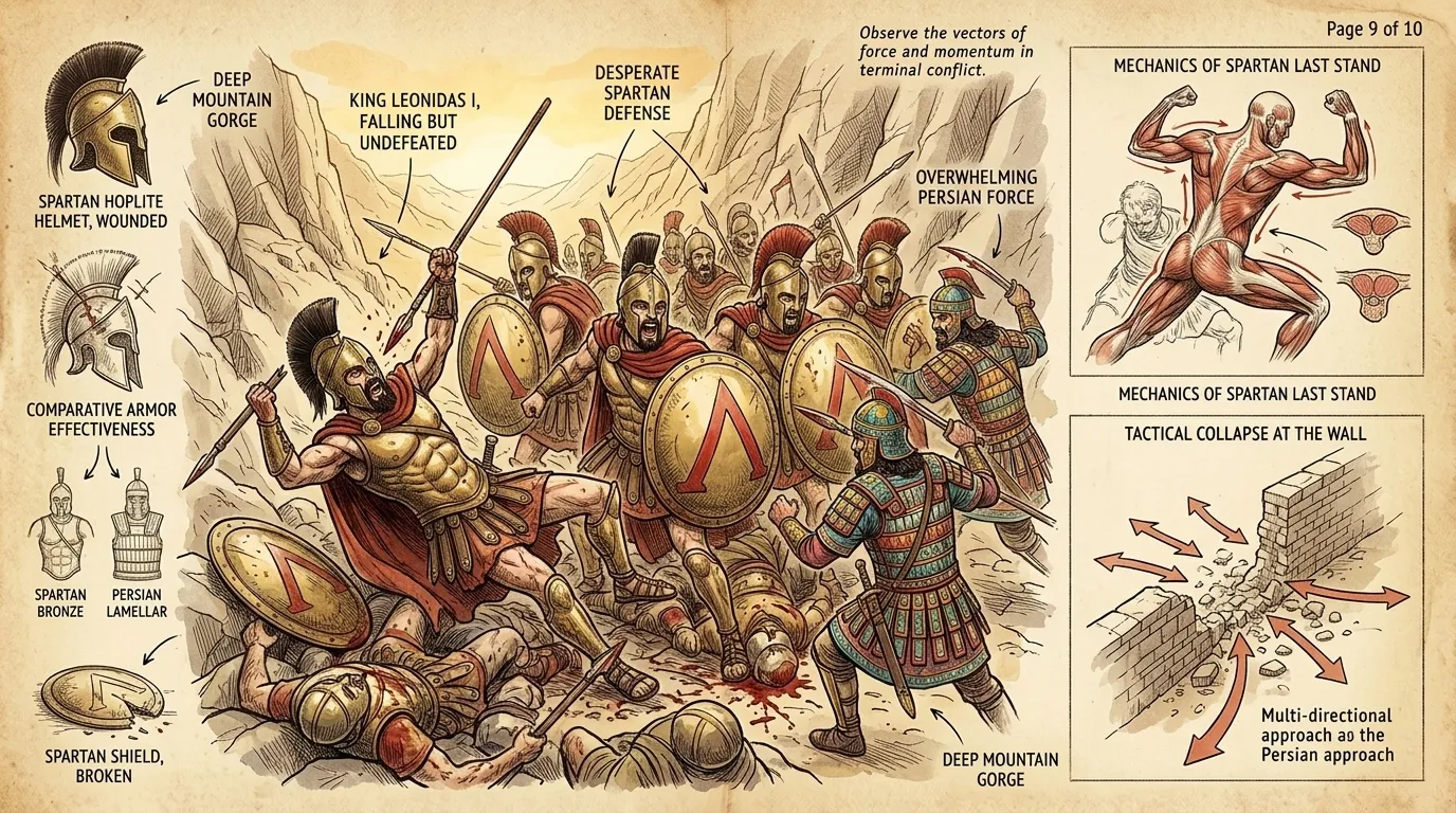 The Persians attacked from both sides. The Greeks fought with desperate courage, but they were outnumbered and surrounded. Leonidas fell, fighting to the last. The Persians attacked from both sides. The Greeks fought with desperate courage, but they were outnumbered and surrounded. Leonidas fell, fighting to the last.