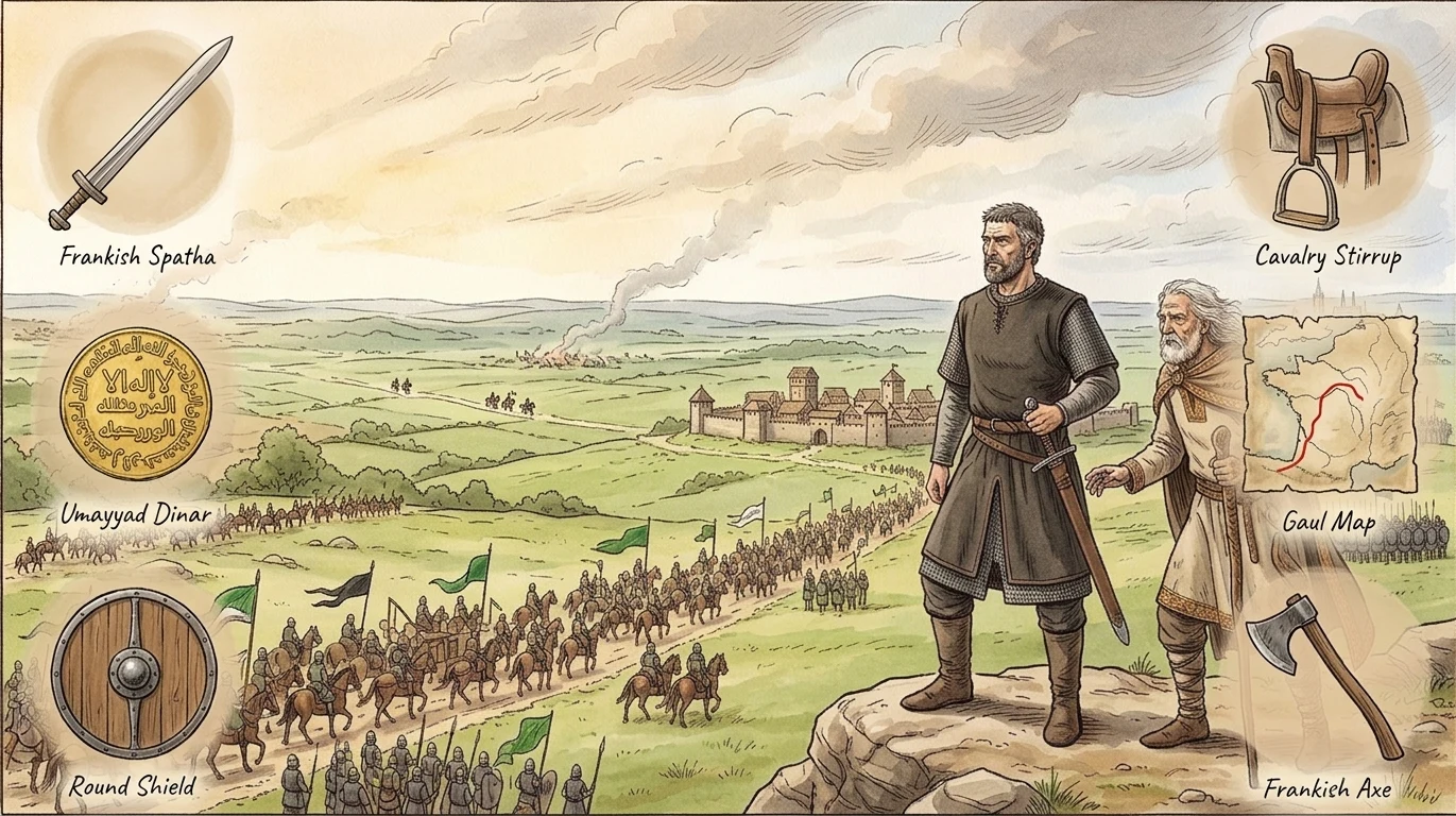 Die Luft knisterte vor Trotz. Karl Martell, auf seinem Schlachtross, zeigte mit seinem Schwert auf die riesige, voranstürmende Umayyaden-Armee. Die Luft knisterte vor Trotz. Karl Martell, auf seinem Schlachtross, zeigte mit seinem Schwert auf die riesige, voranstürmende Umayyaden-Armee.