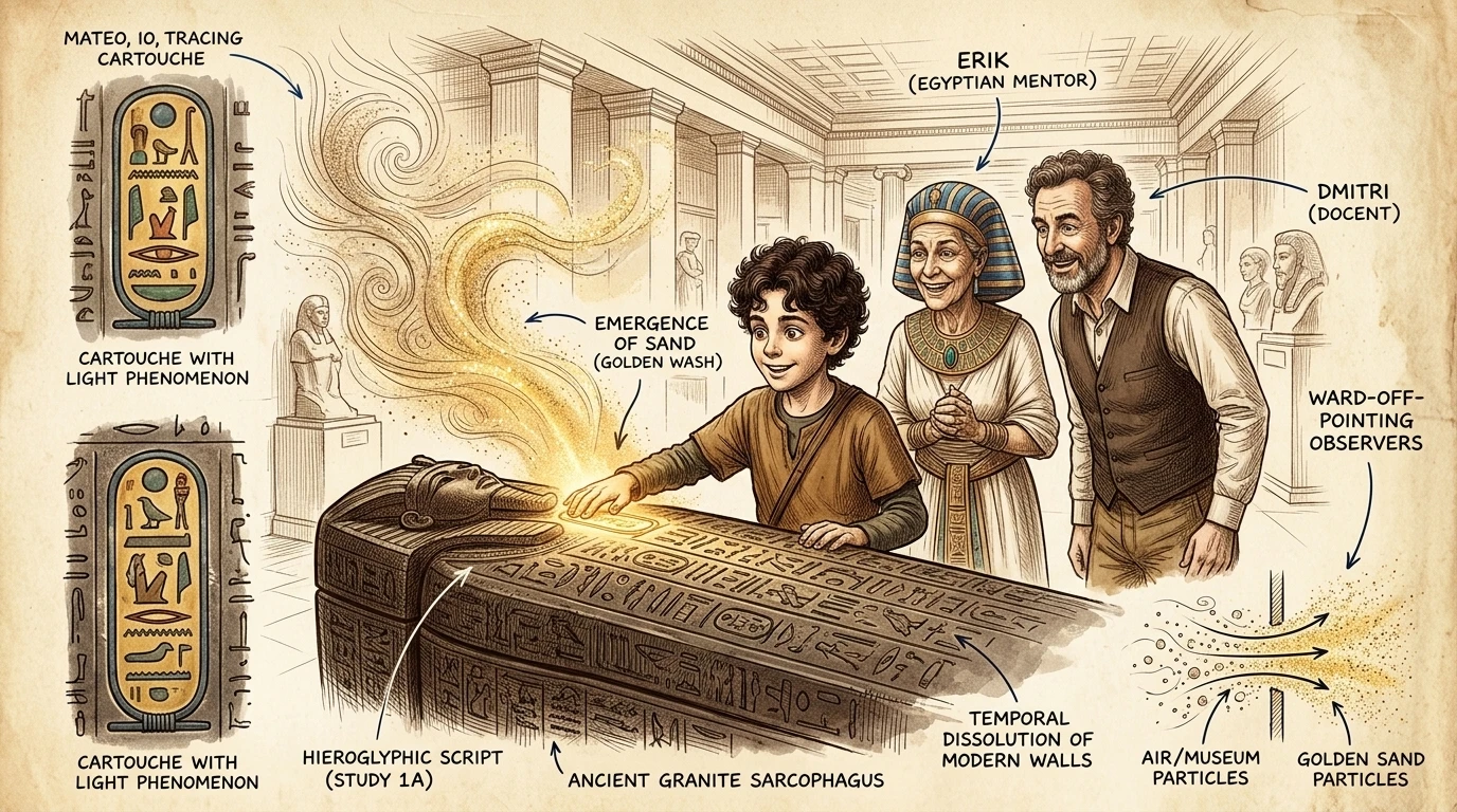 马特奥凝视着大英博物馆内高耸的石棺。象形文字覆盖了其黑色石材表面的每一寸。“哇,”他低声说,用手指描摹着一个王名圈。突然,他触摸的石头变得温暖起来。 马特奥凝视着大英博物馆内高耸的石棺。象形文字覆盖了其黑色石材表面的每一寸。“哇,”他低声说,用手指描摹着一个王名圈。突然,他触摸的石头变得温暖起来。