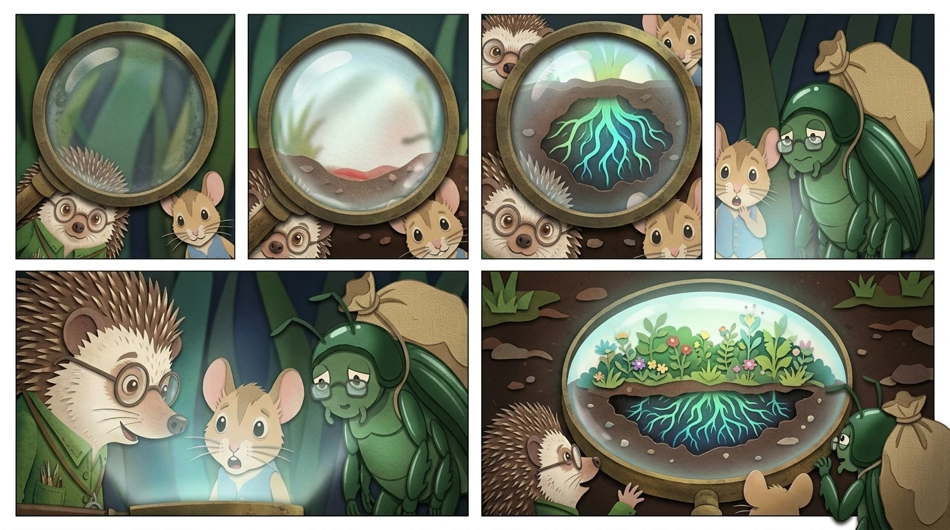 透过镜头，他们看到的不是一滴眼泪，而是一个在表面生长的花园，被一种奇特的、柔和的光芒照亮。“这……太美了！”皮普金惊叹道。