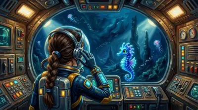 中景。“水晶罗盘……我们就是靠它找到的！”科拉琳达宣称，她的眼中闪耀着决心。“可是我们甚至该从哪里开始找呢？”齐吉疑惑道，他的生物荧光因担忧而稍稍变…