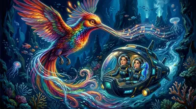 中景。随着求救信号的脉动，一阵旋律开始在水中回荡——一种与众不同的、充满活力的桑巴节奏。“水晶罗盘”剧烈震动，将他们引向声音。