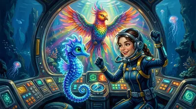 倾斜镜头。嘉年华鸟感受到他们善良的心，用歌声为“海马”充能，恢复了它的力量。随着引擎再次轰鸣着启动，科拉琳达转向齐吉。“我们做到了，齐吉！