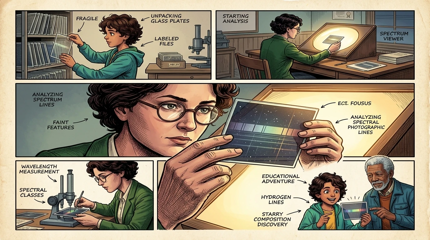 "Her name was Cecilia Payne-Gaposchkin," Isha's father's voice narrated, as the young scientist held a plate to the light. "Her name was Cecilia Payne-Gaposchkin," Isha's father's voice narrated, as the young scientist held a plate to the light.