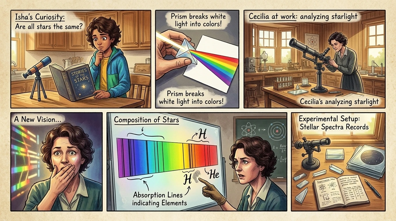 Using the new science of quantum mechanics, Cecilia decoded the dark lines in the stars' light spectrums. The evidence was unmistakable and shocking. Using the new science of quantum mechanics, Cecilia decoded the dark lines in the stars' light spectrums. The evidence was unmistakable and shocking.