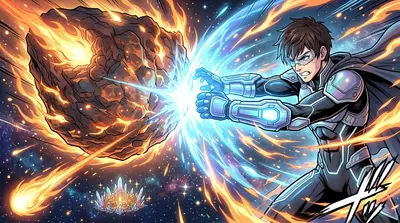 他将所有能量汇聚成一个巨大的力场，试图将彗星推离轨道。撞击声震耳欲聋！凯尔竭力抵抗着巨大的压力，身体发出痛苦的呐喊。