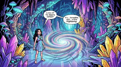 Lyra entró en la gruta. El aire vibraba con una energía invisible. Ante ella, un torbellino de polvo brillante flotaba suspendido, proyectando sombras danzantes…