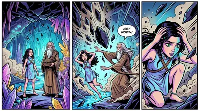 Lyra y Theron se adentraron en las Cuevas de Obsidiana. Una avalancha de fragmentos de obsidiana cayó en cascada, bloqueando su camino.