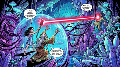 Theron levantó una barrera protectora, desviando la energía oscura. "¡Lyra, usa la luz del cetro para disipar su oscuridad!", ordenó.