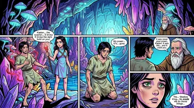 Kaelen gritó mientras la luz purificaba la oscuridad de su corazón. Tropezó hacia atrás, agarrándose el pecho. Las túnicas carmesí se desvanecieron, revelando…