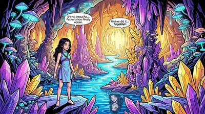 El río fluía una vez más, sus aguas brillando con vida renovada. Lyra estaba de pie en su orilla, observando cómo las cavernas de gemas reflejaban la luz.