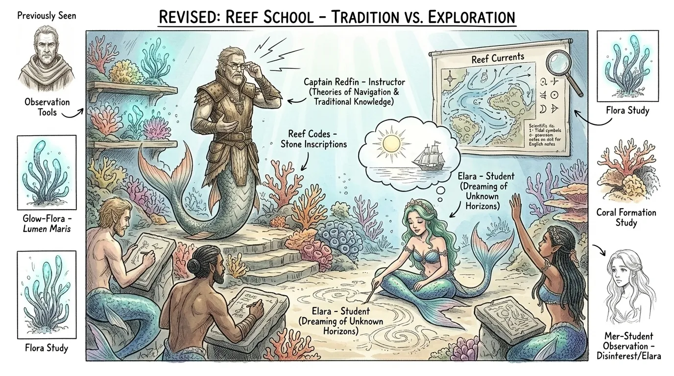 礁岩学校的生活是按部就班的。“知识是最深的宝藏，埃拉拉，”红鳍船长有一天轰隆隆地说，一边调整着他的眼镜，“比任何沉没的黄金都更有价值。