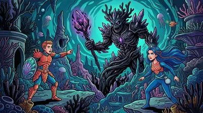 Suddenly, a monstrous figure emerged from the darkness: Garthok, a corrupted Aquarian warrior, his eyes glowing with malevolent energy. Suddenly, a monstrous figure emerged from the darkness: Garthok, a corrupted Aquarian warrior, his eyes glowing with malevolent energy.