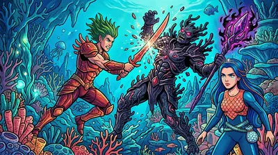 Theron lunged forward, his coral blade clashing against Garthok's corrupted armor. "Anya, get the Scepter!" he yelled, deflecting a blow with his shield. Theron lunged forward, his coral blade clashing against Garthok's corrupted armor. "Anya, get the Scepter!" he yelled, deflecting a blow with his shield.