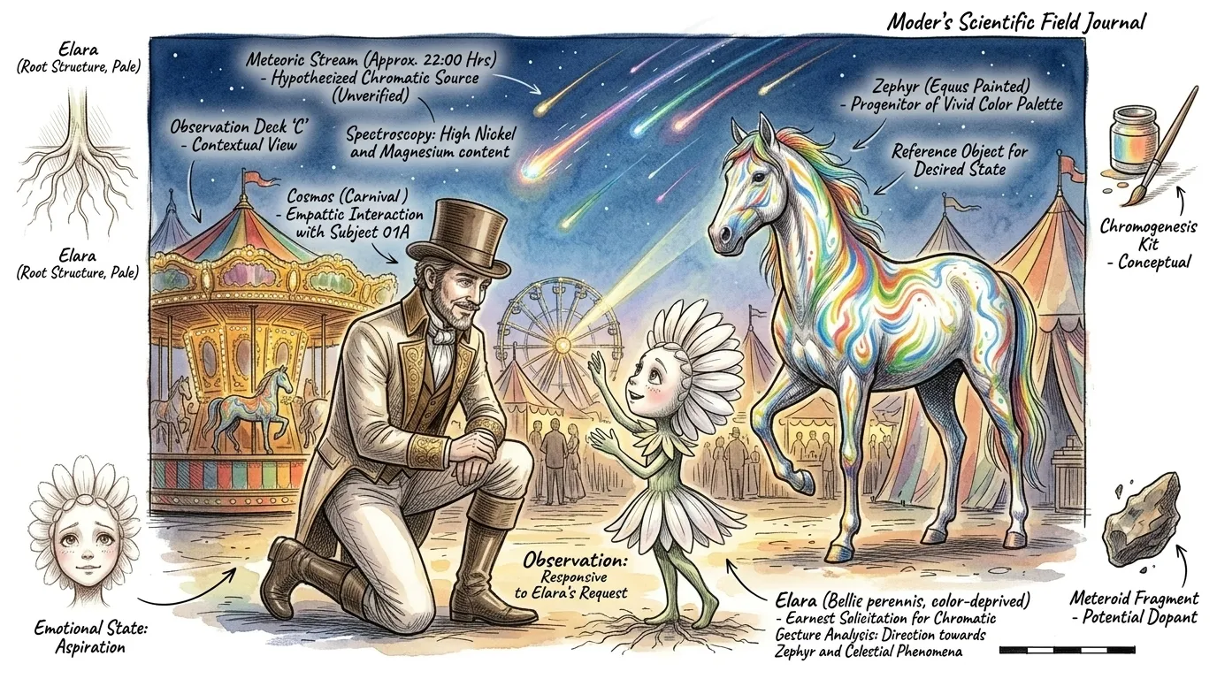 嘉年华神秘的主人科斯莫注意到了埃拉拉渴望的眼神。“什么让你烦恼，小朋友？”他问道，声音低沉而温柔。埃拉拉说出了她的愿望：“我希望我能像流星一样五彩斑…