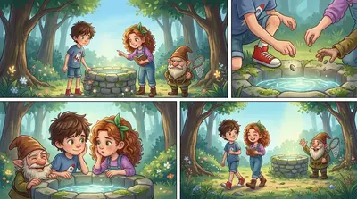 地精欣喜若狂，把他们带到一个隐蔽的空地，那里有一口美丽的石井，上面开满了鲜花。“谢谢你们！”他尖声说道，“现在，告诉我你们的愿望！