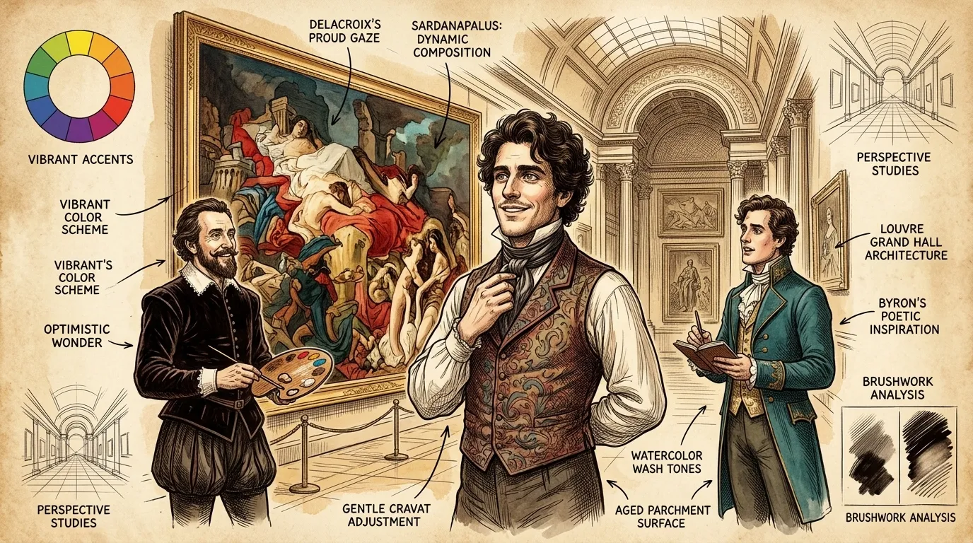Eugène Delacroix, a towering figure in the Romantic movement, stands before his colossal painting, 'The Death of Sardanapalus.' Completed in 1827, the artwork… Eugène Delacroix, a towering figure in the Romantic movement, stands before his colossal painting, 'The Death of Sardanapalus.' Completed in 1827, the artwork…