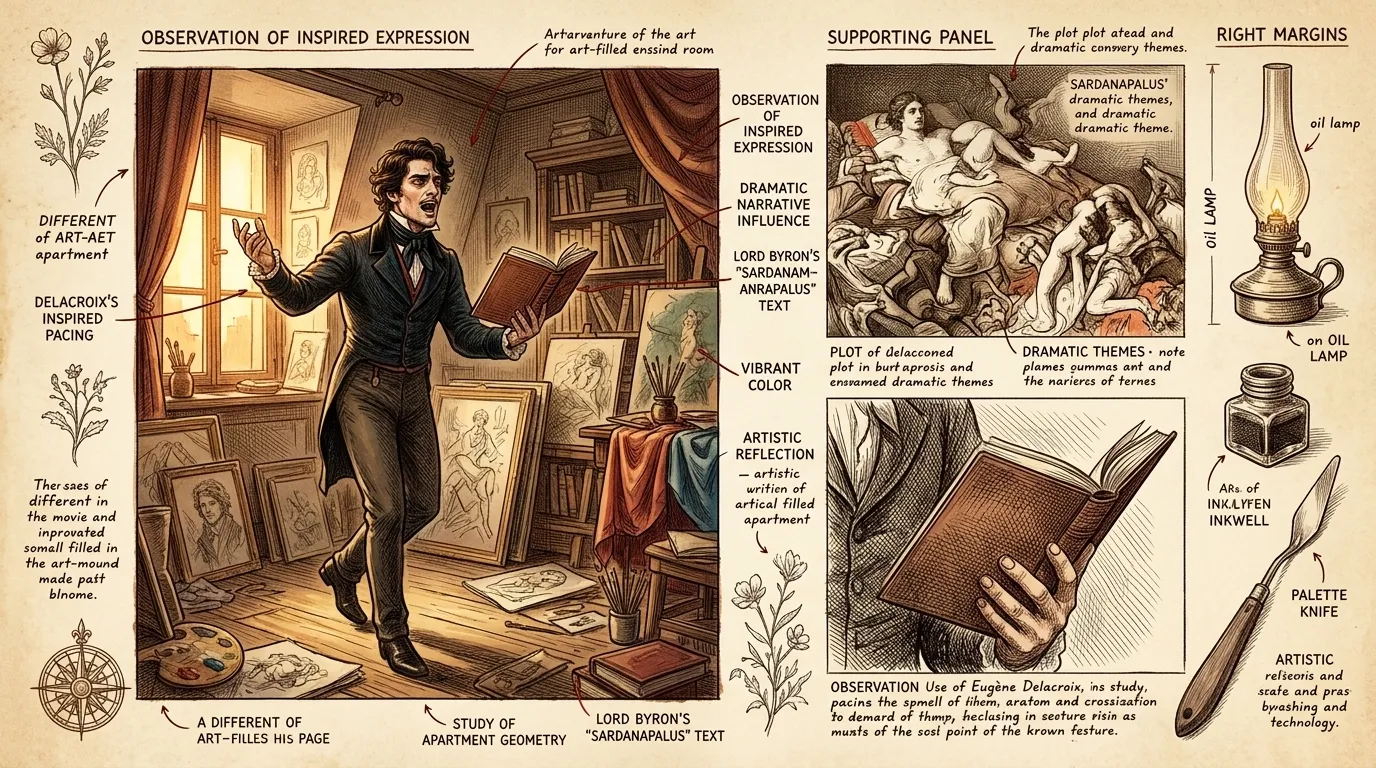 A pivotal moment arrived when Delacroix encountered Lord Byron's dramatic poem, 'Sardanapalus'. The tale of the decadent Assyrian king, facing defeat, choosing… A pivotal moment arrived when Delacroix encountered Lord Byron's dramatic poem, 'Sardanapalus'. The tale of the decadent Assyrian king, facing defeat, choosing…