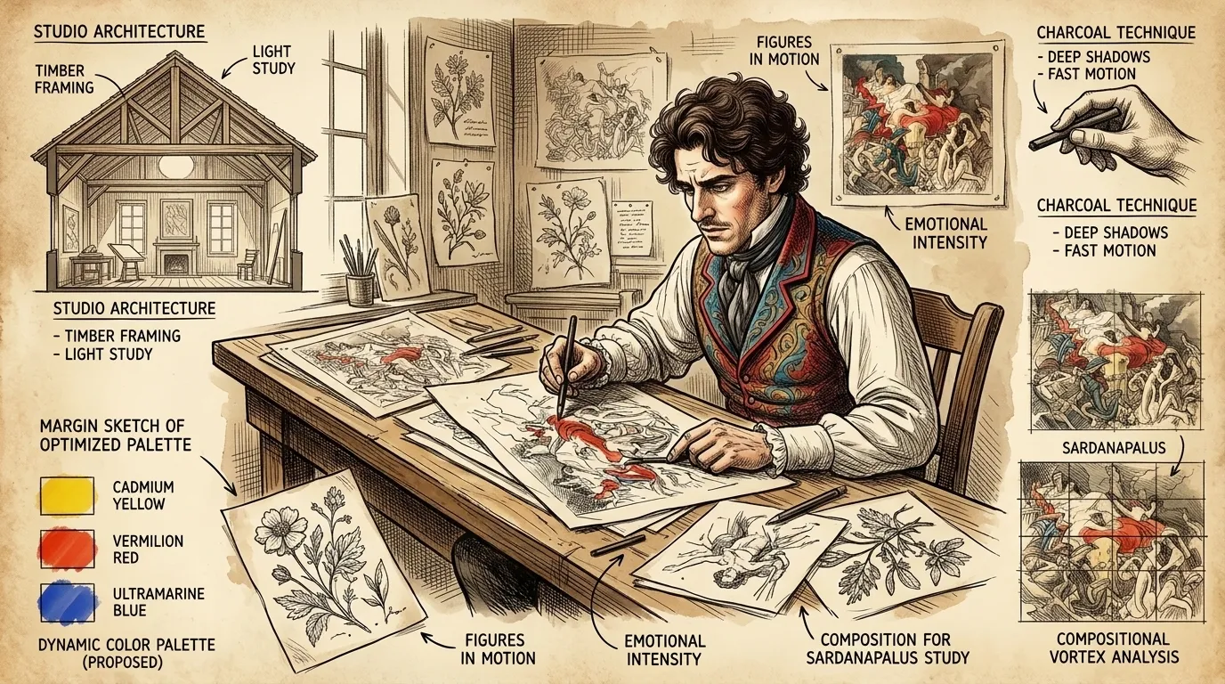 Delacroix began to translate Byron's words into visual form, creating a series of rough sketches. These early studies explored the composition, the arrangement… Delacroix began to translate Byron's words into visual form, creating a series of rough sketches. These early studies explored the composition, the arrangement…
