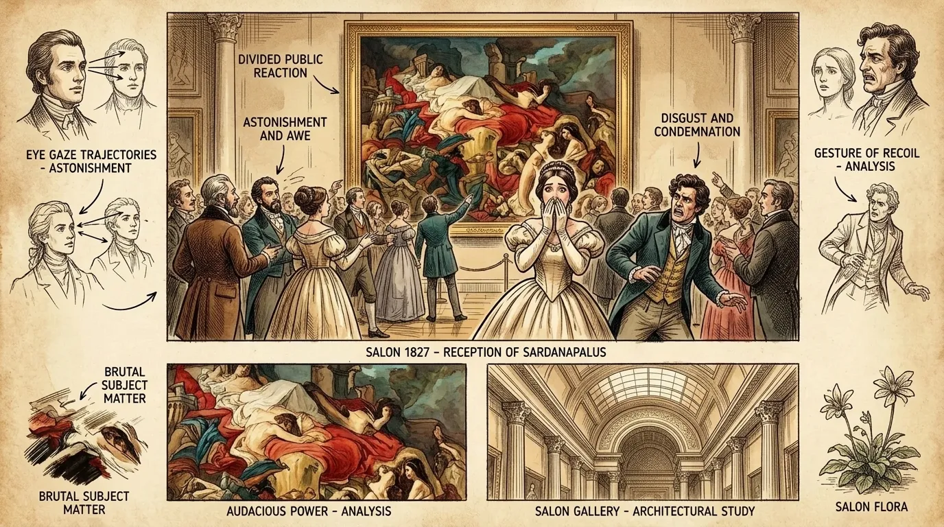 When 'The Death of Sardanapalus' was finally exhibited at the Salon of 1827, it ignited a firestorm of controversy. Critics and the public alike were divided… When 'The Death of Sardanapalus' was finally exhibited at the Salon of 1827, it ignited a firestorm of controversy. Critics and the public alike were divided…
