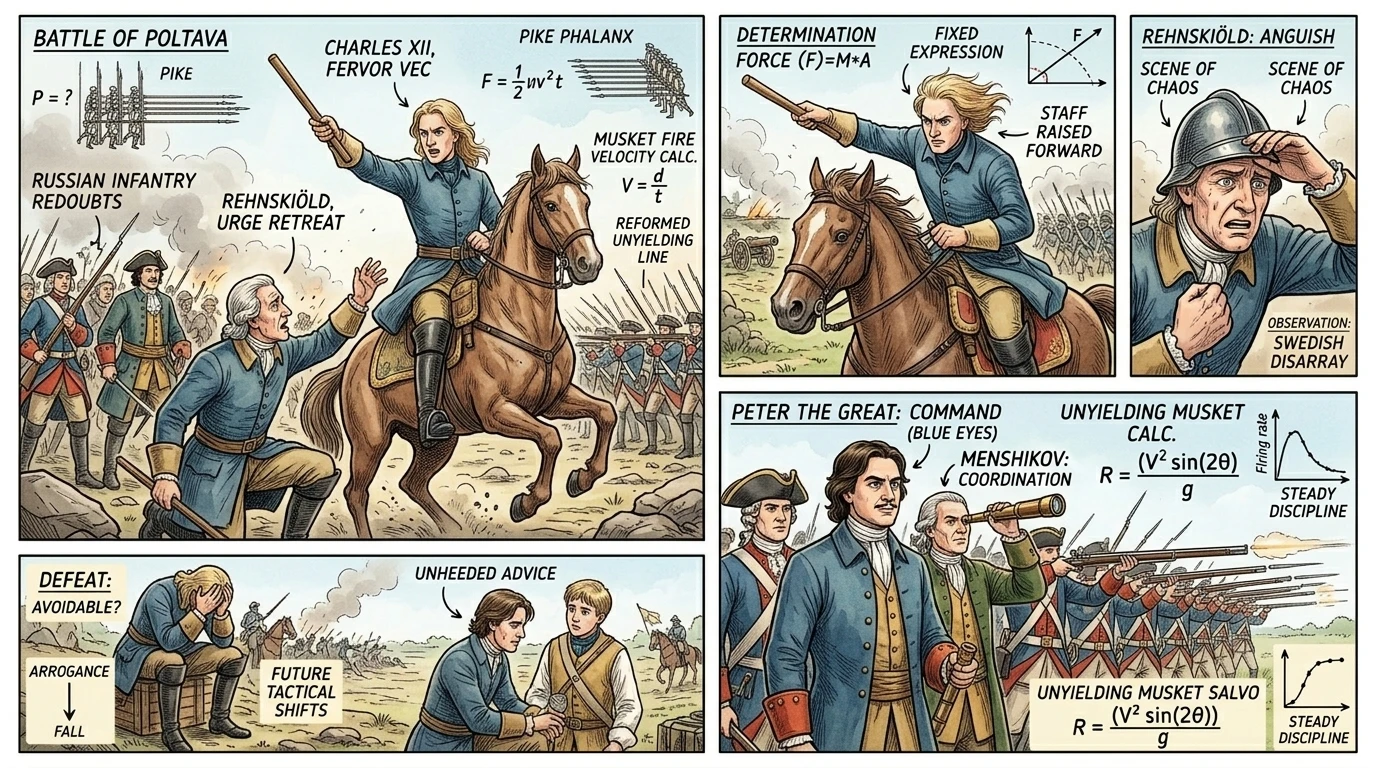 La batalla se prolongó durante horas. El general Rehnskiöld suplicó a Carlos que se retirara, pero Carlos se negó a ceder.