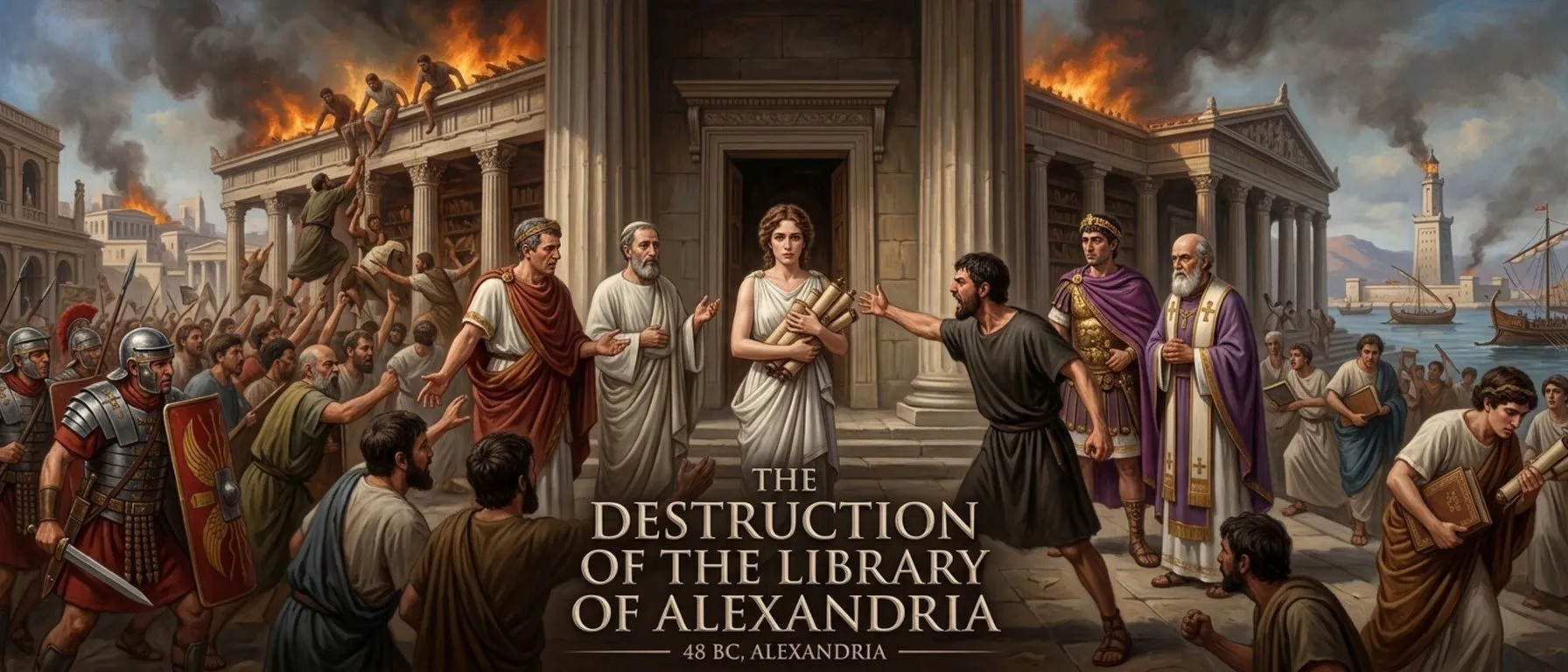 Cover illustration from “The Destruction of the Library of Alexandria (48 BC, Alexandria)”, an illustrated story in Wonder History