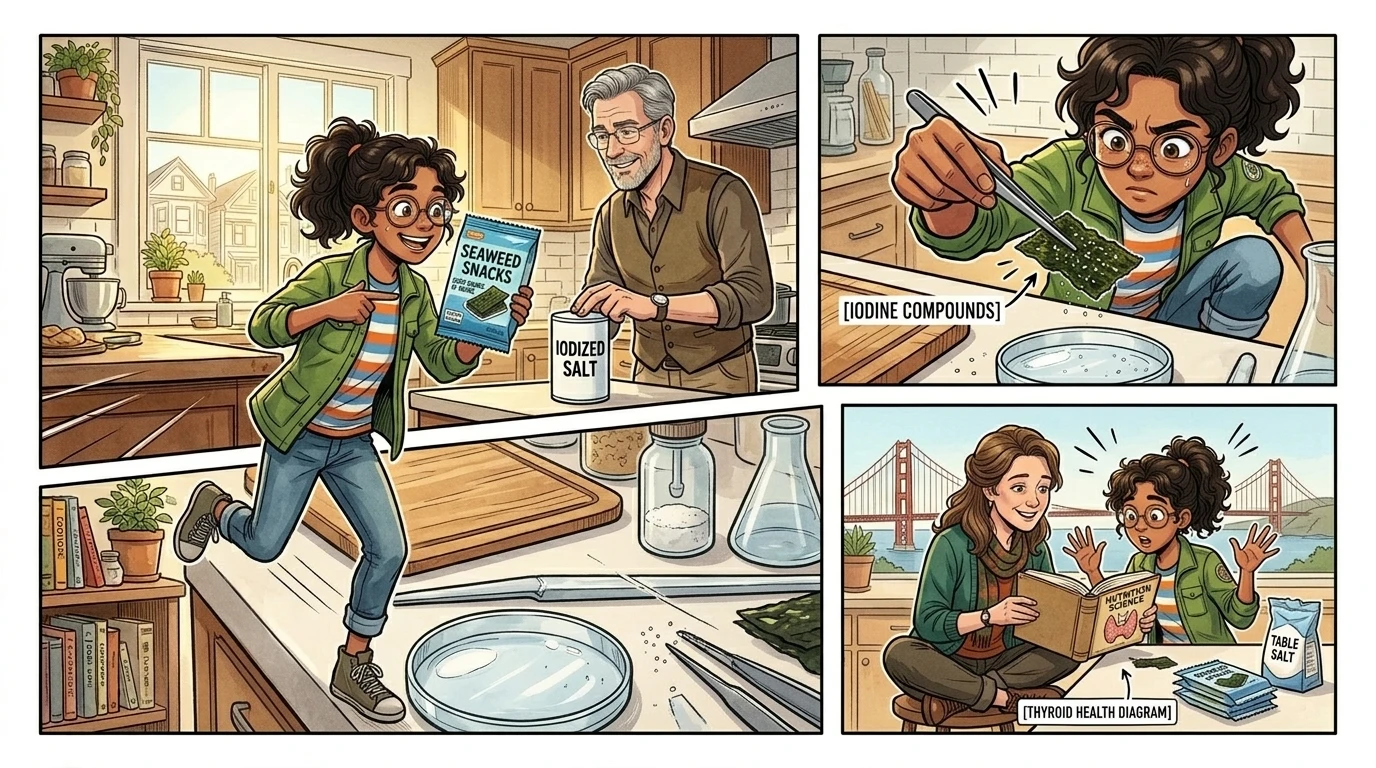 "봐!" 아빠가 카운터 위의 소금통을 톡톡 두드리며 말했다. "우리 몸을 건강하게 유지하는 데 도움이 되도록 우리 소금에도 들어있네." 헤이즐이… "봐!" 아빠가 카운터 위의 소금통을 톡톡 두드리며 말했다. "우리 몸을 건강하게 유지하는 데 도움이 되도록 우리 소금에도 들어있네." 헤이즐이…