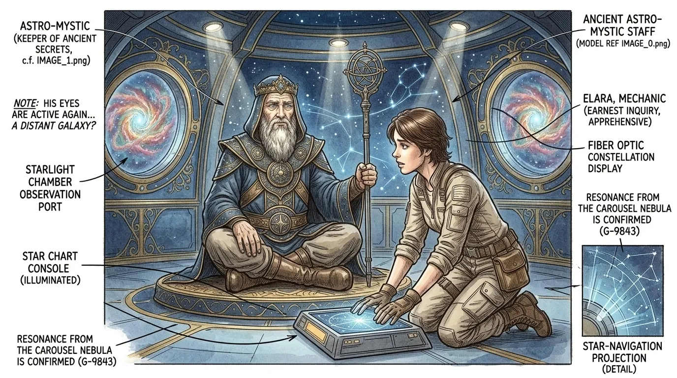 艾拉拉在星光璀璨的房间里找到了正在冥想的星象神秘师。“星象神秘师，那枚戒指，是真的吗？”他睁开眼睛，深邃的眼眸如同遥远的星系。