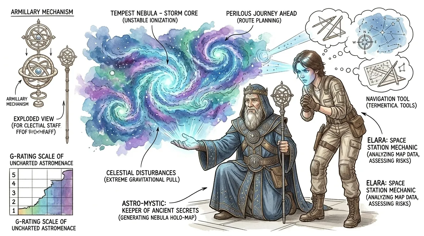 星际秘术师伸出手，掌心上方浮现出一张闪烁的全息地图。“‘圆环’位于风暴星云之中，由难以想象的强大天体风暴守护。许多人曾寻求它，但无一全身而退。