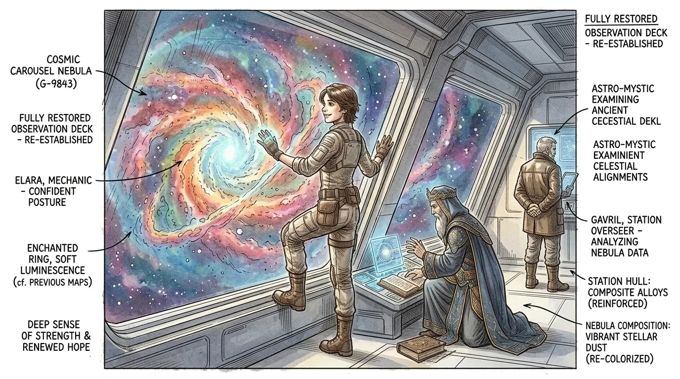 埃拉拉凝望着宇宙旋转木马星云，不再视其为威胁，而是希望的源泉。她想起了海伦·凯勒的话：“‘尽管世界充满了苦难，但它也充满了战胜苦难的经历。