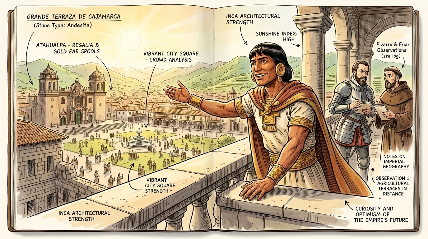 卡哈马卡广场被染成了一片猩红。印加武士们一动不动地躺着,他们的羽毛头饰歪斜着。阿塔瓦尔帕,他那华丽的袍子被撕破了,面对着弗朗西斯科·皮萨罗。 卡哈马卡广场被染成了一片猩红。印加武士们一动不动地躺着,他们的羽毛头饰歪斜着。阿塔瓦尔帕,他那华丽的袍子被撕破了,面对着弗朗西斯科·皮萨罗。