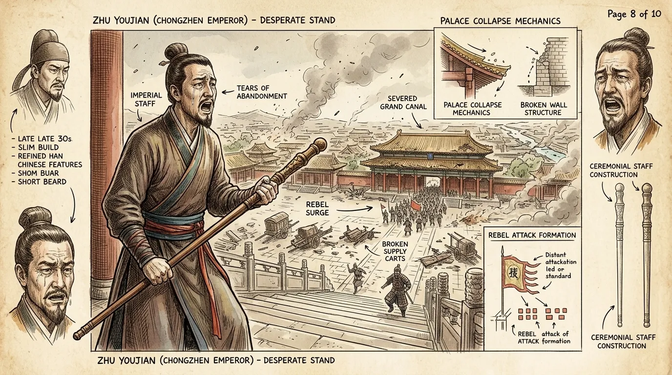 Als Li Zichengs Armee am fünfundzwanzigsten April sechzehnhundertvierundvierzig in Peking eindrang und ihre Strategie der „Körperabtrennung“ umsetzte, brach die… Als Li Zichengs Armee am fünfundzwanzigsten April sechzehnhundertvierundvierzig in Peking eindrang und ihre Strategie der „Körperabtrennung“ umsetzte, brach die…