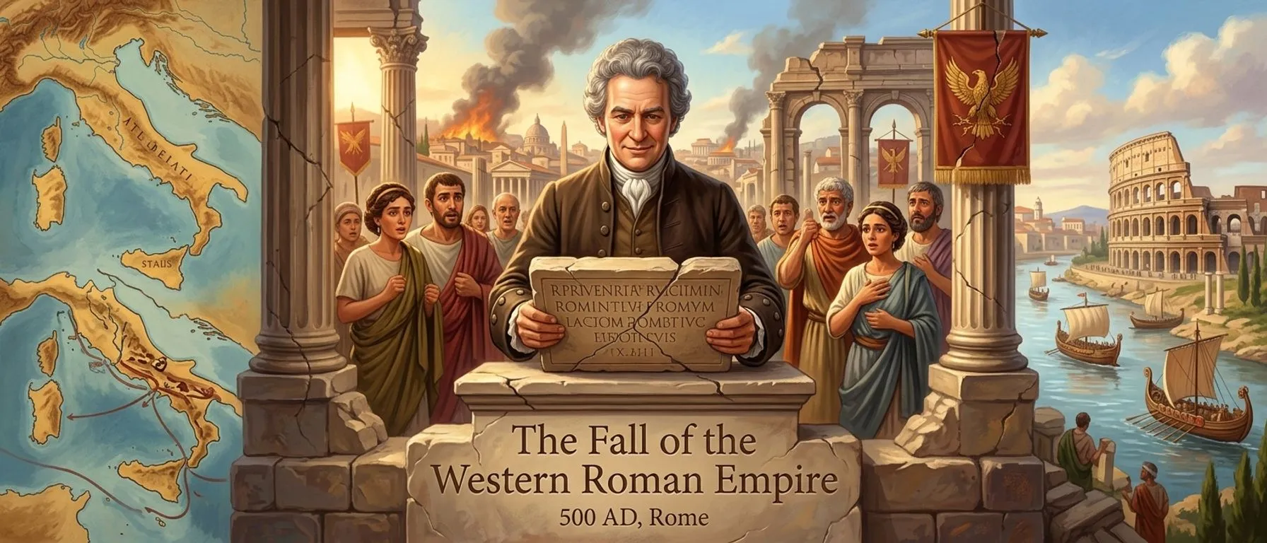 سقوط الإمبراطورية الرومانية الغربية (500 ميلادي، روما) — غلاف الكتاب — Illustrated True Stories from World History سقوط الإمبراطورية الرومانية الغربية (500 ميلادي، روما) — غلاف الكتاب — Illustrated True Stories from World History