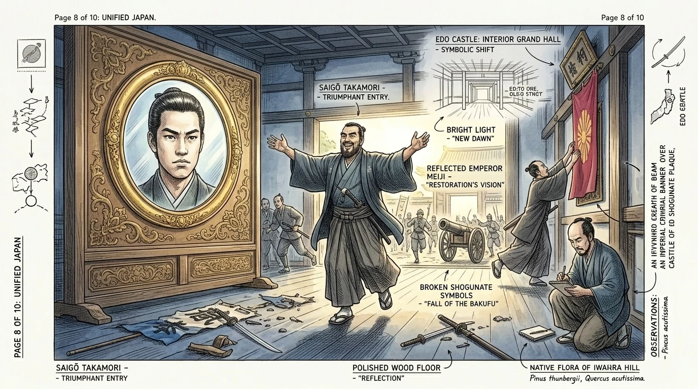 西乡隆盛凯旋进入江户城。明治天皇的军队取得了胜利,幕府时代宣告结束。镜子映照着新的黎明,一个在天皇统治下统一的日本。 西乡隆盛凯旋进入江户城。明治天皇的军队取得了胜利,幕府时代宣告结束。镜子映照着新的黎明,一个在天皇统治下统一的日本。
