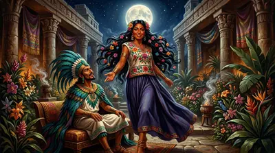 Em seguida, Tezcatlipoca enviou sua filha, a bela Xochiquetzal, deusa das flores e do prazer, para seduzir o rei. Quetzalcoatl, sob a influência do elixir…
