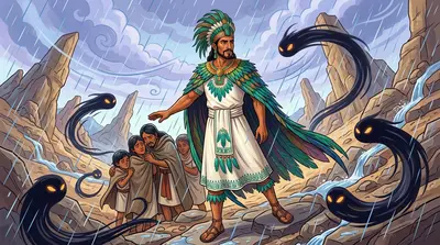 Enquanto Quetzalcoatl e seus seguidores viajavam para o leste, eles encontraram muitas provações e tribulações. Tezcatlipoca, implacável em sua perseguição…