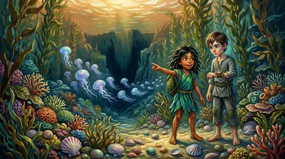 Coralia adjusted her bioluminescent kelp-woven backpack, her eyes wide with wonder. "Look, Finn!" she exclaimed, pointing to a school of shimmering moon jellies… Coralia adjusted her bioluminescent kelp-woven backpack, her eyes wide with wonder. "Look, Finn!" she exclaimed, pointing to a school of shimmering moon jellies…