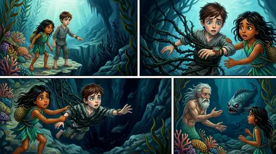 The trench was darker than they imagined. Strange, shadowy figures darted in the distance. "What was that?!" Coralia squeaked, clutching Finn's arm. The trench was darker than they imagined. Strange, shadowy figures darted in the distance. "What was that?!" Coralia squeaked, clutching Finn's arm.