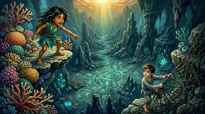 Coralia, from above, noticed glowing glyphs carved into the trench floor. An ancient map. "Wait!" she shouted to Finn. "The map! Coralia, from above, noticed glowing glyphs carved into the trench floor. An ancient map. "Wait!" she shouted to Finn. "The map!