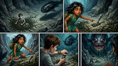 A monstrous gloomfish, with teeth like daggers, swam toward them. "The lever is guarded by the Gloomfish!" Finn yelled, his voice muffled by the seaweed. A monstrous gloomfish, with teeth like daggers, swam toward them. "The lever is guarded by the Gloomfish!" Finn yelled, his voice muffled by the seaweed.
