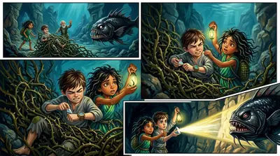 Coralia remembered the chronometer. "Finn, can you detach a prism from your chronometer? If we reflect the light from my kelp lamp into the Gloomfish's eyes, it… Coralia remembered the chronometer. "Finn, can you detach a prism from your chronometer? If we reflect the light from my kelp lamp into the Gloomfish's eyes, it…