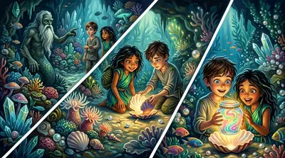 They found the Feelings Jar nestled in a glowing clam shell. It radiated a warm, golden light. Inside, swirling colors danced. Finn carefully opened it. They found the Feelings Jar nestled in a glowing clam shell. It radiated a warm, golden light. Inside, swirling colors danced. Finn carefully opened it.