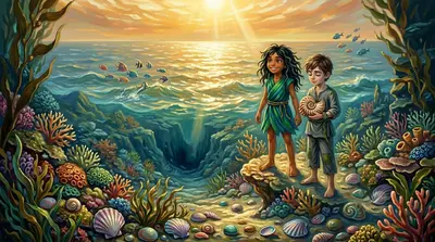 Back on the surface, Coralia smiled at Finn. "We faced our fears and found something wonderful!" Finn nodded, holding the Harmonizing Shell tightly. Back on the surface, Coralia smiled at Finn. "We faced our fears and found something wonderful!" Finn nodded, holding the Harmonizing Shell tightly.
