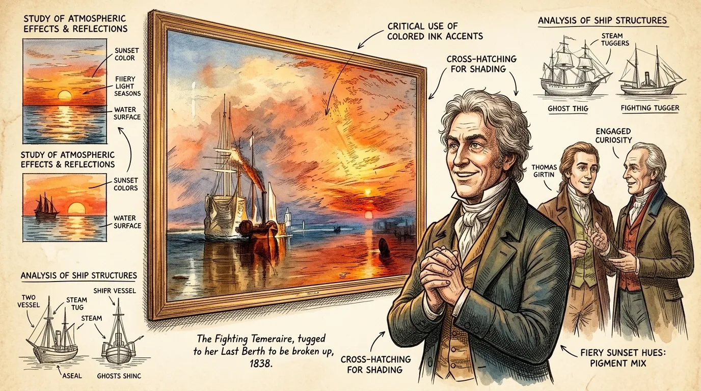 Joseph Mallord William Turner, a man consumed by light and atmosphere, stands before his masterpiece, The Fighting Temeraire, tugged to her Last Berth to be… Joseph Mallord William Turner, a man consumed by light and atmosphere, stands before his masterpiece, The Fighting Temeraire, tugged to her Last Berth to be…